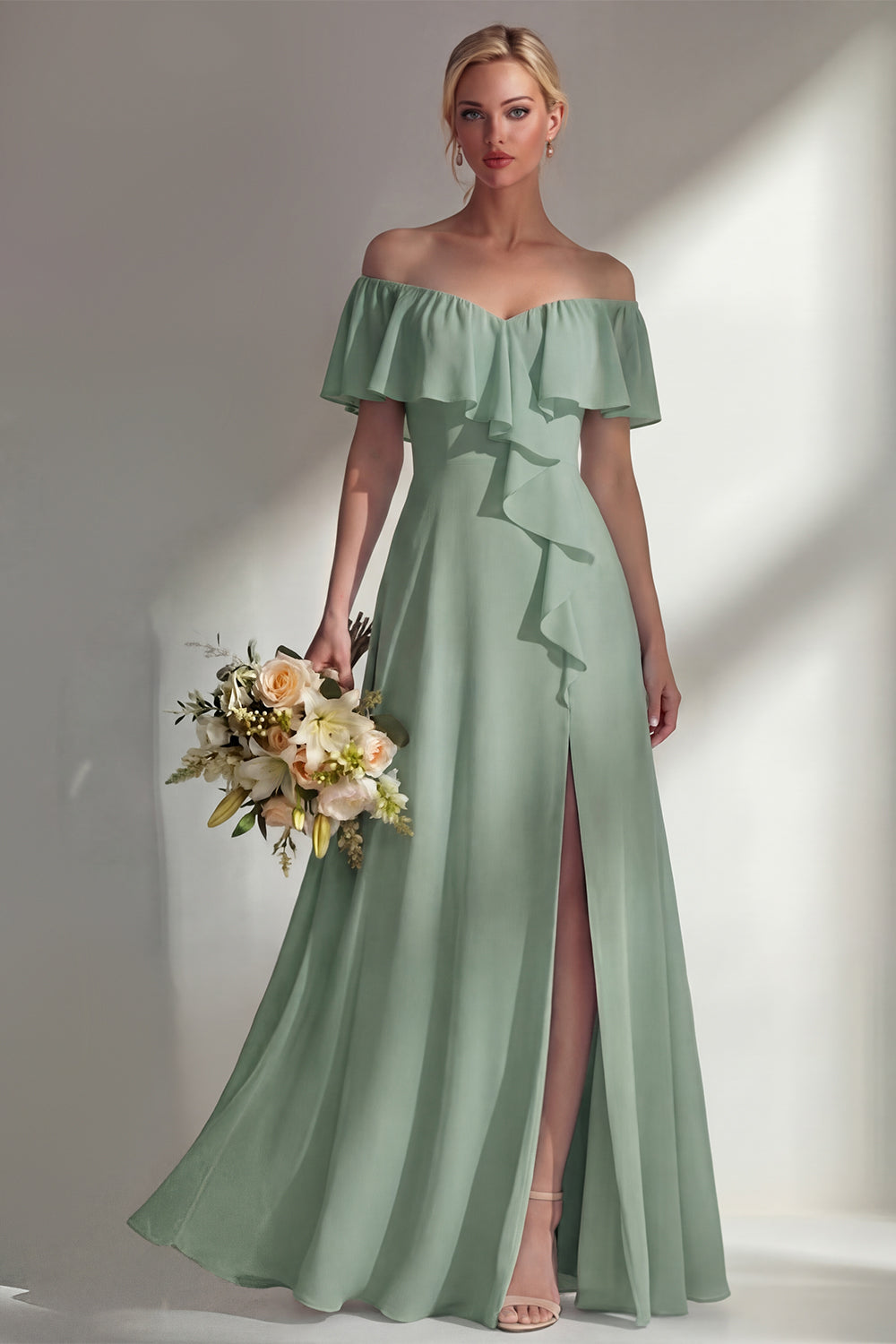 Off the Shoulder A Line Ruffled Sage Green Long Beach Bridesmaid Dress with Slit