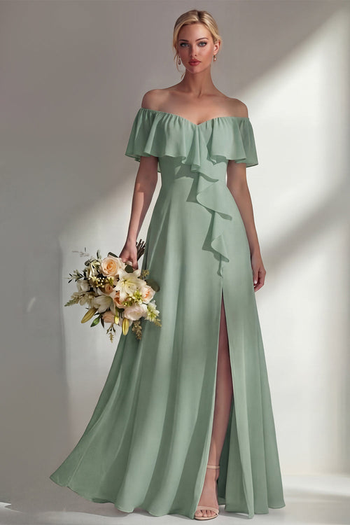 Off the Shoulder A Line Ruffled Sage Green Long Beach Bridesmaid Dress with Slit