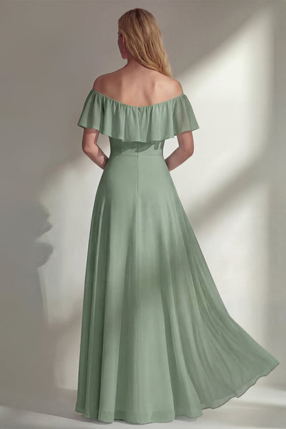 Off the Shoulder A Line Ruffled Sage Green Long Beach Bridesmaid Dress with Slit