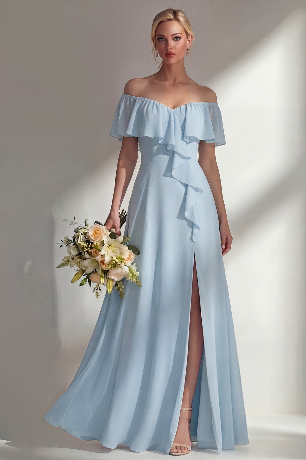 Off the Shoulder A Line Ruffled Sage Green Long Beach Bridesmaid Dress with Slit