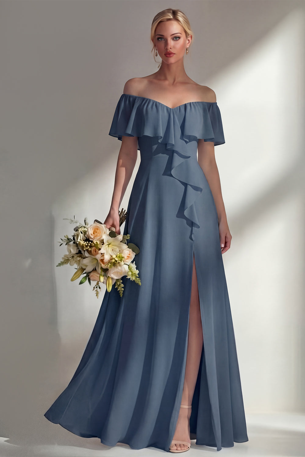 Off the Shoulder A Line Ruffled Sage Green Long Beach Bridesmaid Dress with Slit