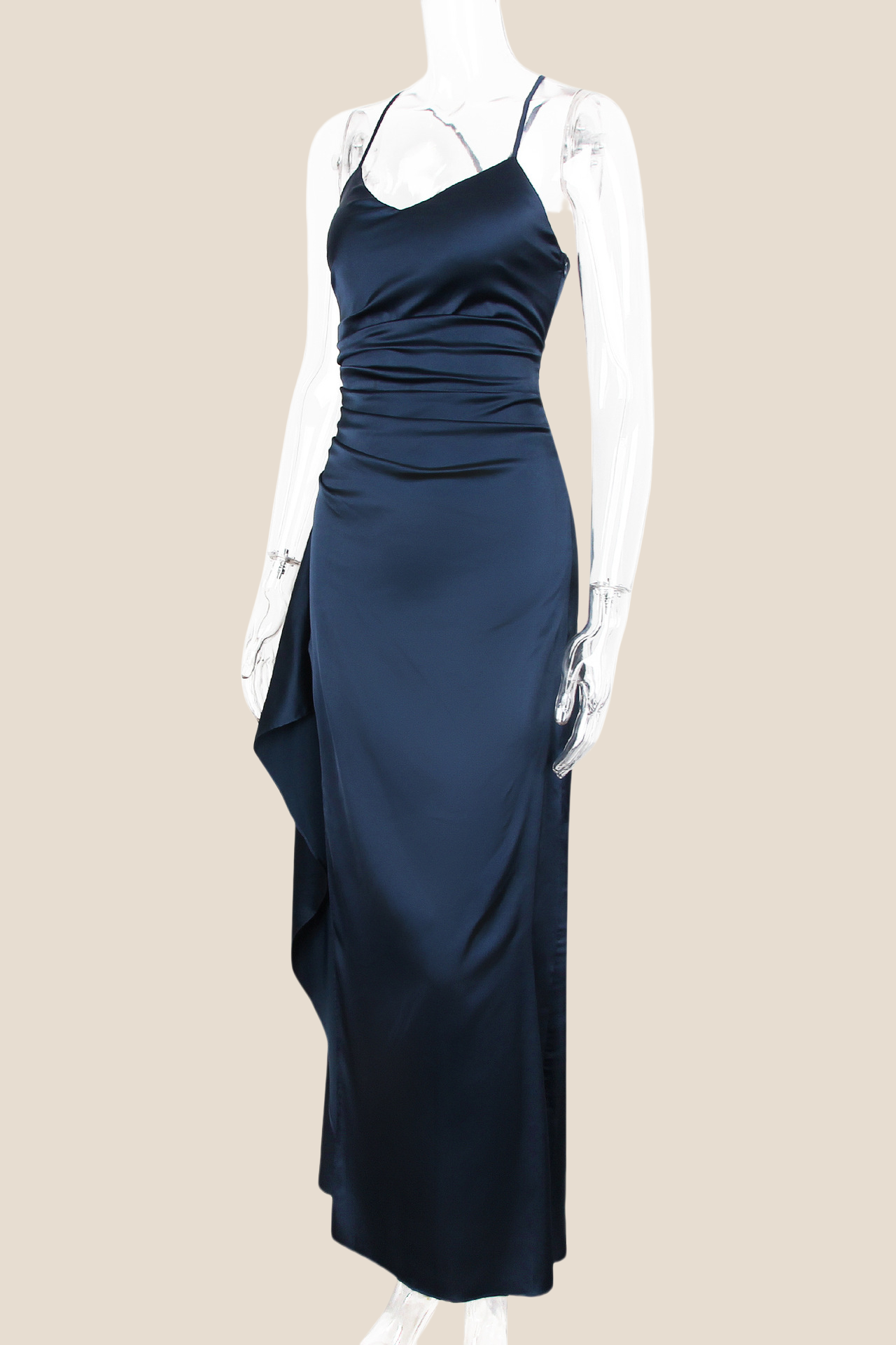 Navy Blue Straps Satin Ruched Long Dress with Slit