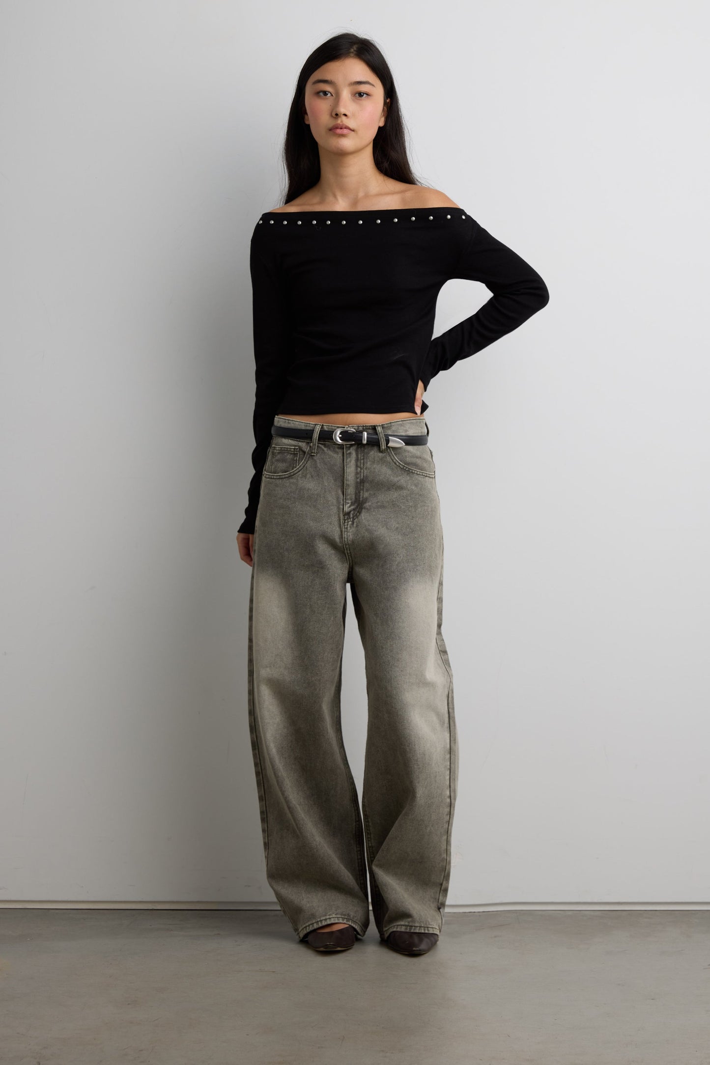 STUD DETAIL OFF THE SHOULDER TOP