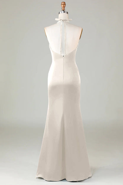Dusty Sage Satin Sheath Halter Long Bridesmaid Dress