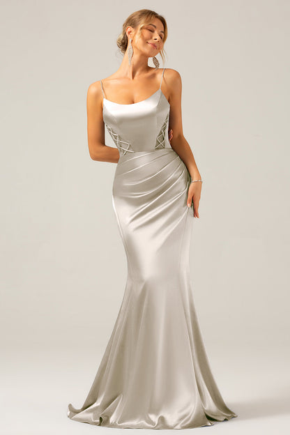 Mermaid Grey Blue Satin Spaghetti Straps Pleated Maxi Dress