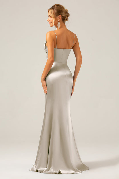 Mermaid Grey Blue Satin Spaghetti Straps Pleated Maxi Dress