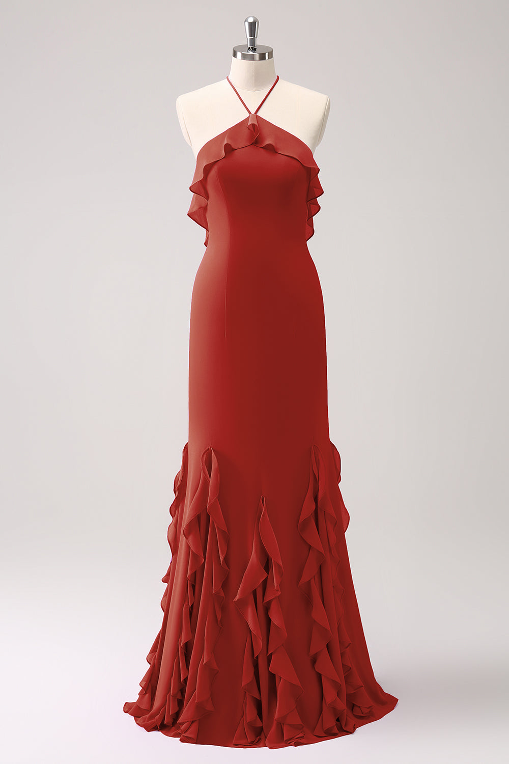 Tahiti Mermaid Halter Chiffon Long Bridesmaid Dress with Ruffles