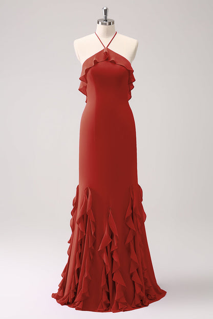 Tahiti Mermaid Halter Chiffon Long Bridesmaid Dress with Ruffles