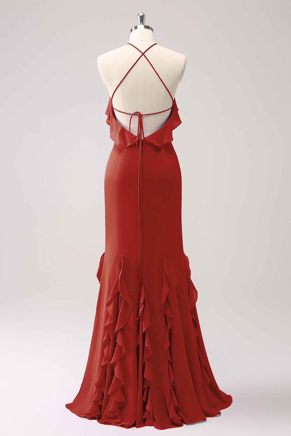 Tahiti Mermaid Halter Chiffon Long Bridesmaid Dress with Ruffles
