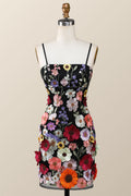 Black Floral Embroidery Tight Mini Dress with Straps