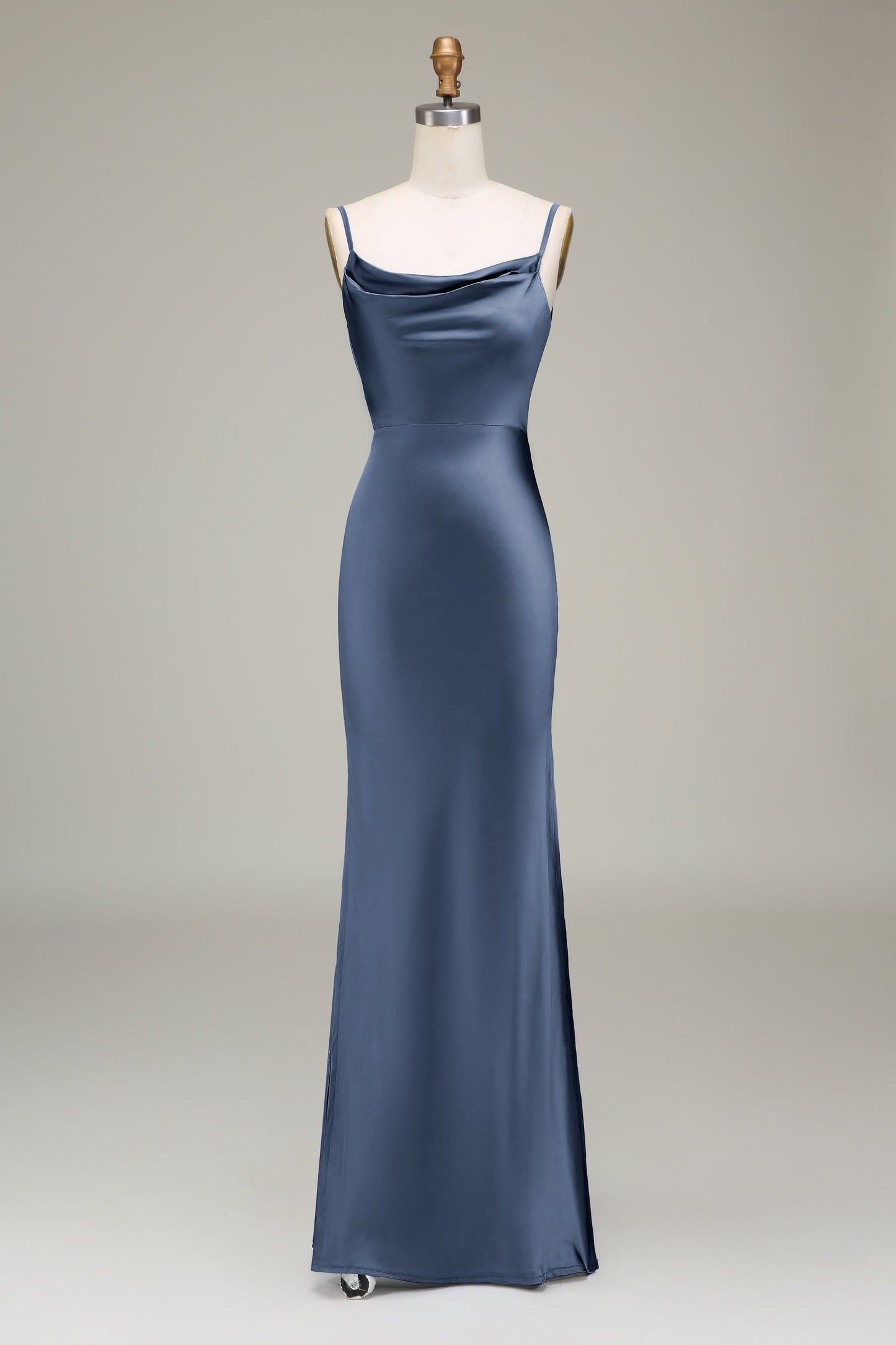 Olive Satin Sheath Spaghetti Straps Long Bridesmaid Dress