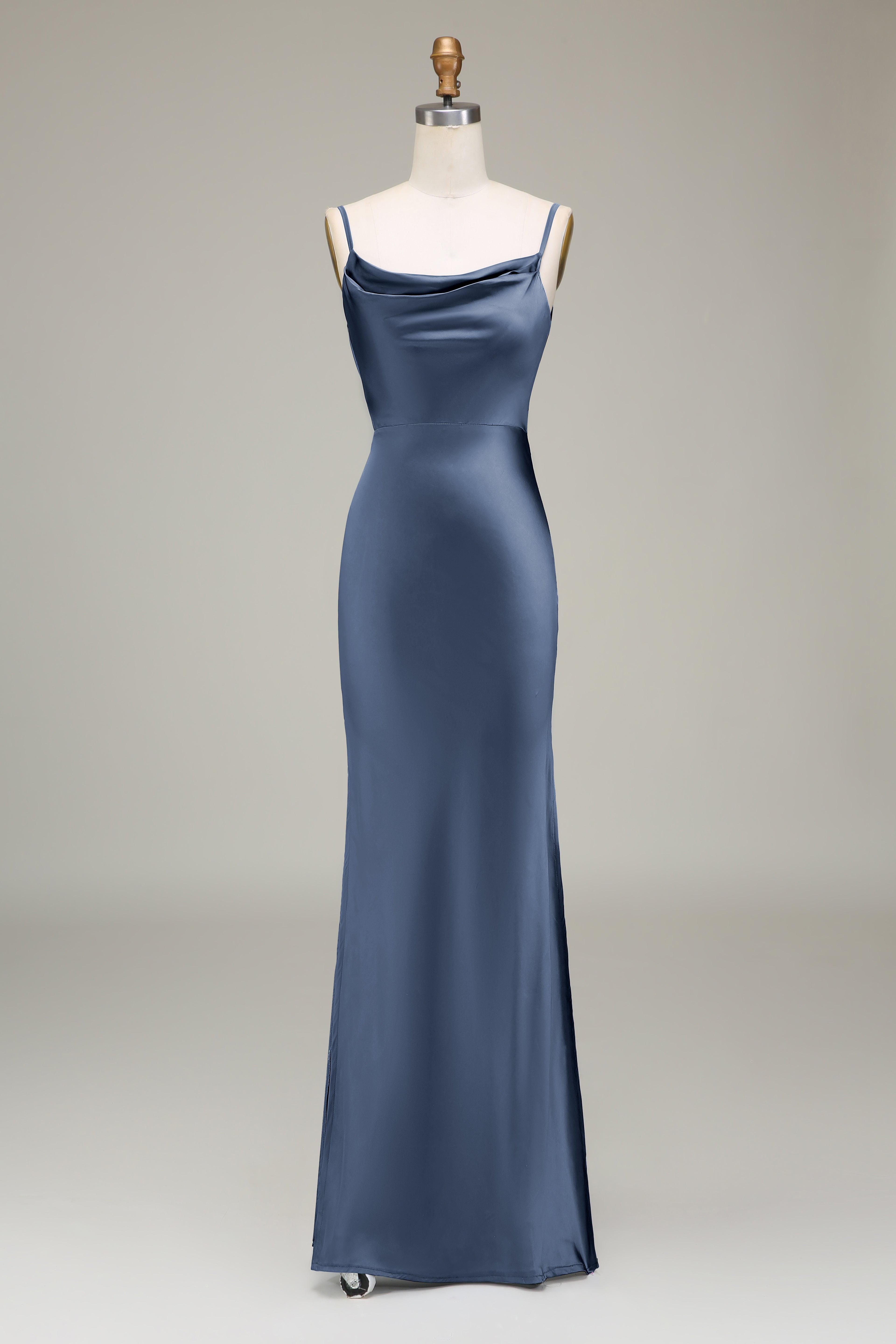Olive Satin Sheath Spaghetti Straps Long Bridesmaid Dress