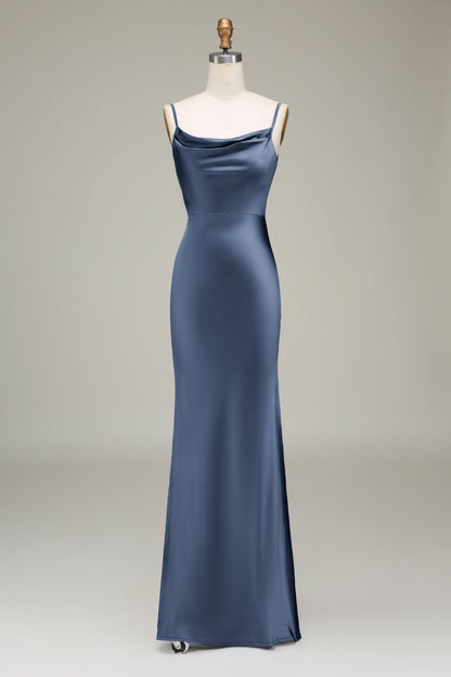 Olive Satin Sheath Spaghetti Straps Long Bridesmaid Dress