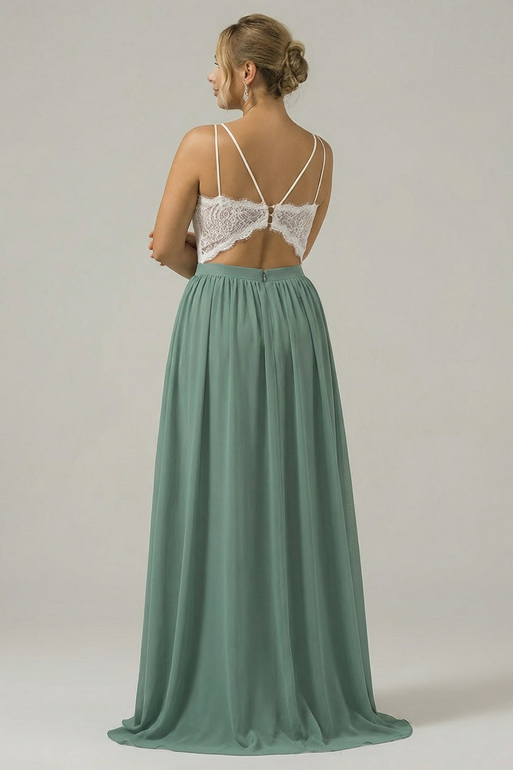 Eucalyptus Open Back Boho Chiffon Long Bridesmaid Dress with Lace