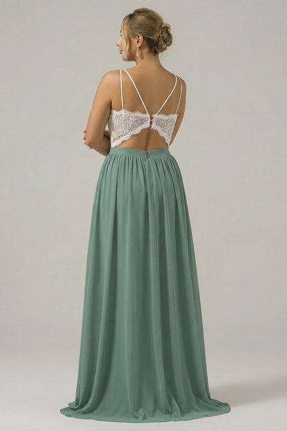 Eucalyptus Open Back Boho Chiffon Long Bridesmaid Dress with Lace