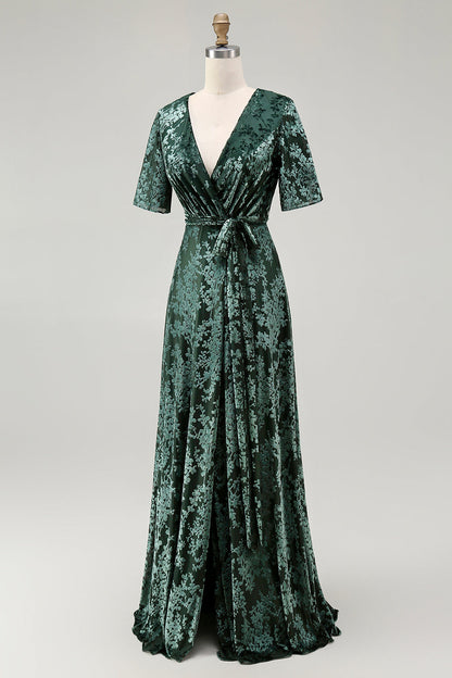 V-Neck Dark Green Mother of Bride Dress with Slit