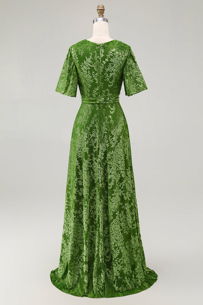 V-Neck Dark Green Mother of Bride Dress with Slit