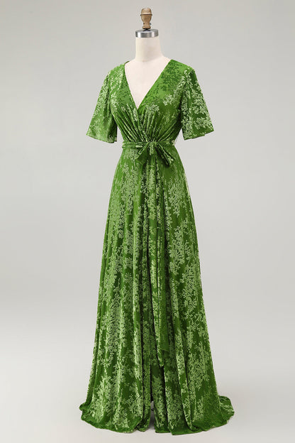 V-Neck Dark Green Mother of Bride Dress with Slit