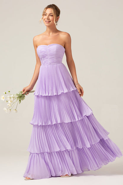 Sky Blue Sweetheart Pleated Tiered Long Bridesmaid Dress