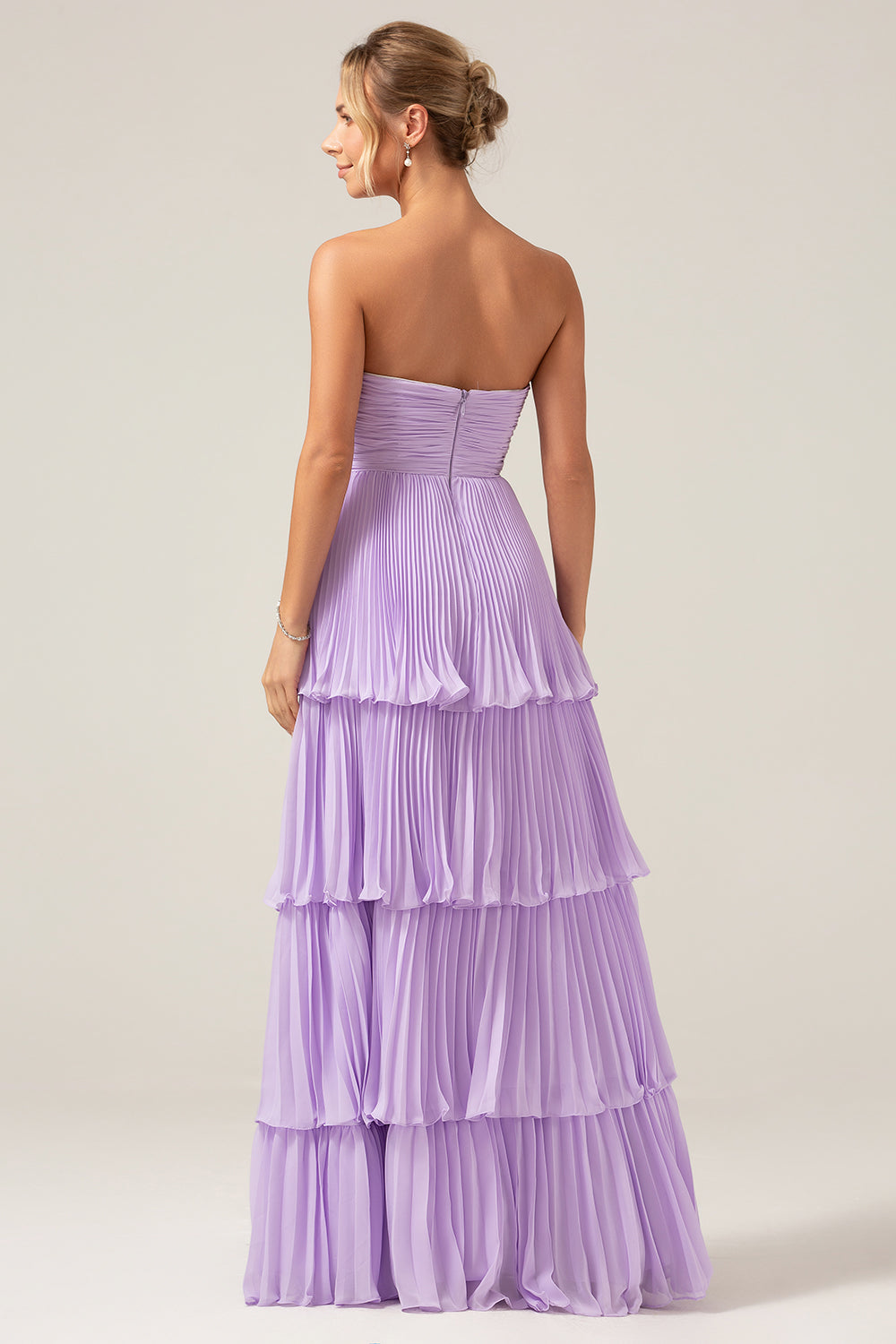 A-Line Sweetheart Lilac Tiered Chiffon Long Bridesmaid Dress with Pleated