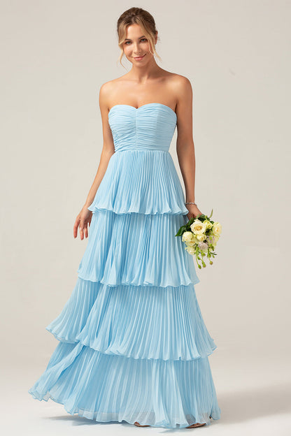 A-Line Sweetheart Tiered Chiffon Long Lilac Bridesmaid Dress with Pleated