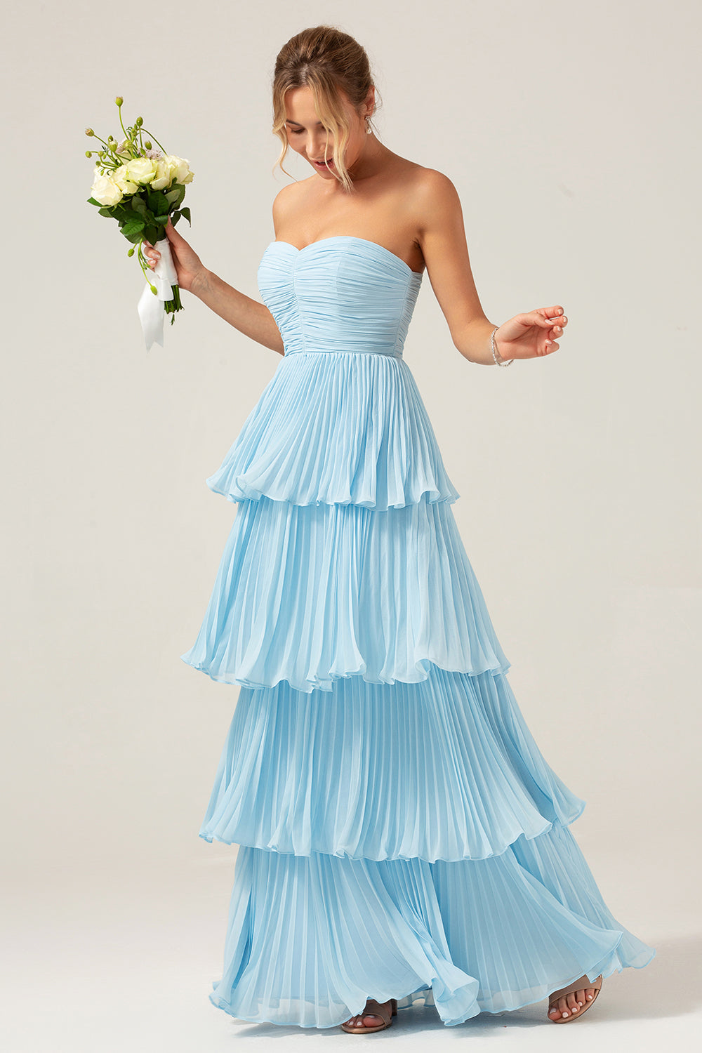 A-Line Sweetheart Tiered Chiffon Long Lilac Bridesmaid Dress with Pleated