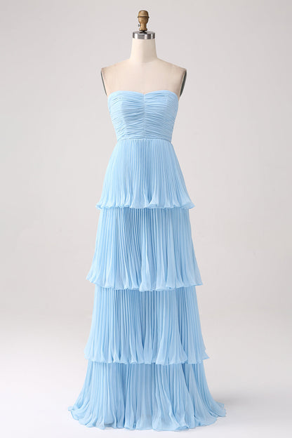 A-Line Sweetheart Lilac Tiered Chiffon Long Bridesmaid Dress with Pleated