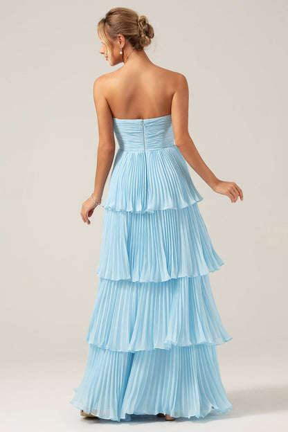 A-Line Sweetheart Tiered Chiffon Long Lilac Bridesmaid Dress with Pleated