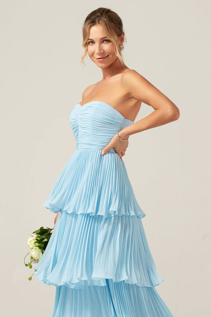 A-Line Sweetheart Tiered Chiffon Long Lilac Bridesmaid Dress with Pleated