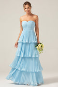 Sky Blue Sweetheart Pleated Tiered Long Bridesmaid Dress