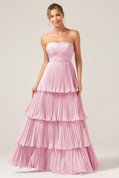 Sky Blue Sweetheart Pleated Tiered Long Bridesmaid Dress