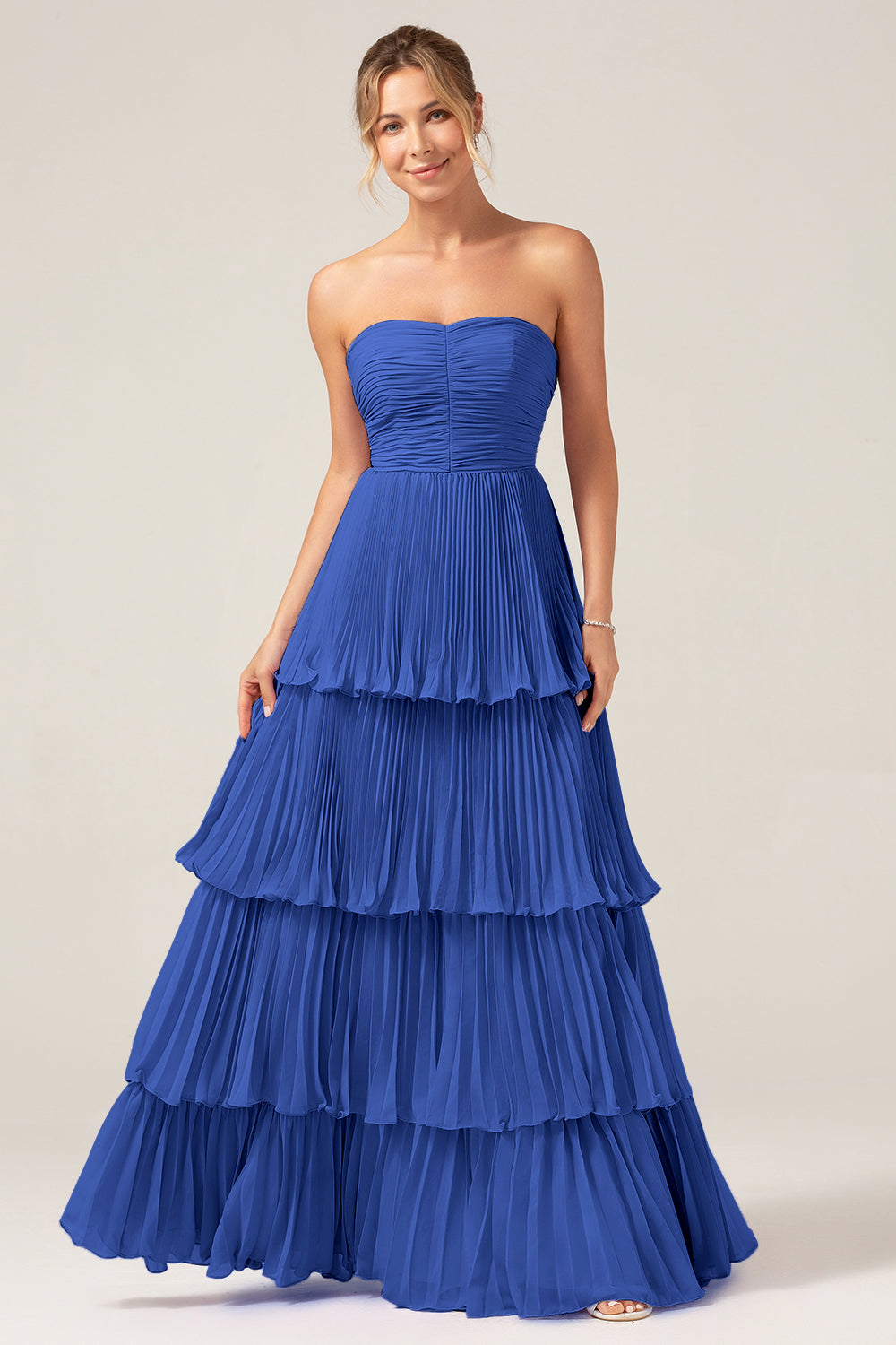 Sky Blue Sweetheart Pleated Tiered Long Bridesmaid Dress