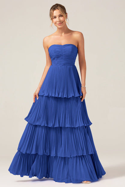 Sky Blue Sweetheart Pleated Tiered Long Bridesmaid Dress