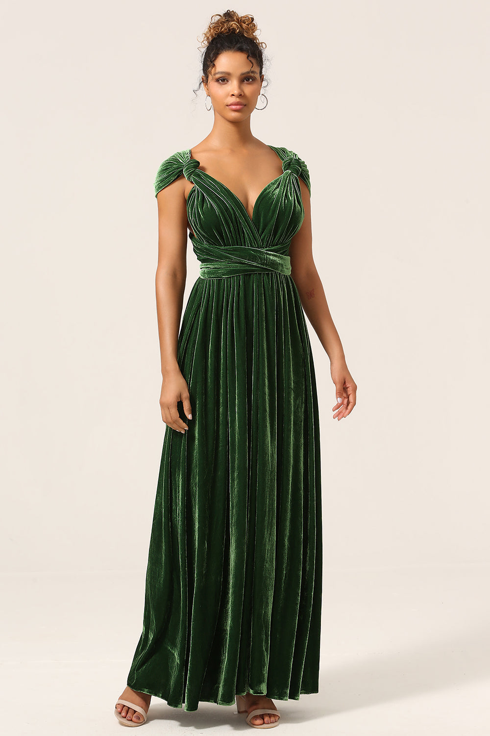 Elegant A Line V Neck Dark Green Covertible Wear Velvet Long Bridesmaid Dress