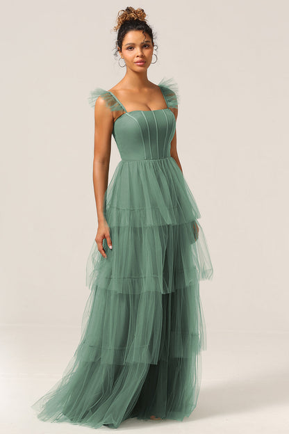 Detachable Straps A Line Purple Tiered Long Bridesmaid Dress