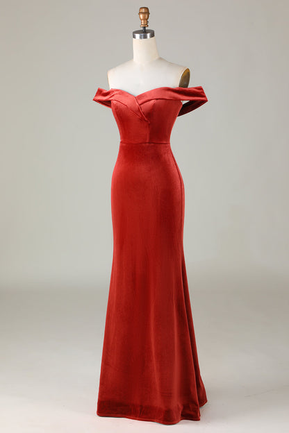 Velvet Off The Shoulder Terracotta Bridesmaid Dress