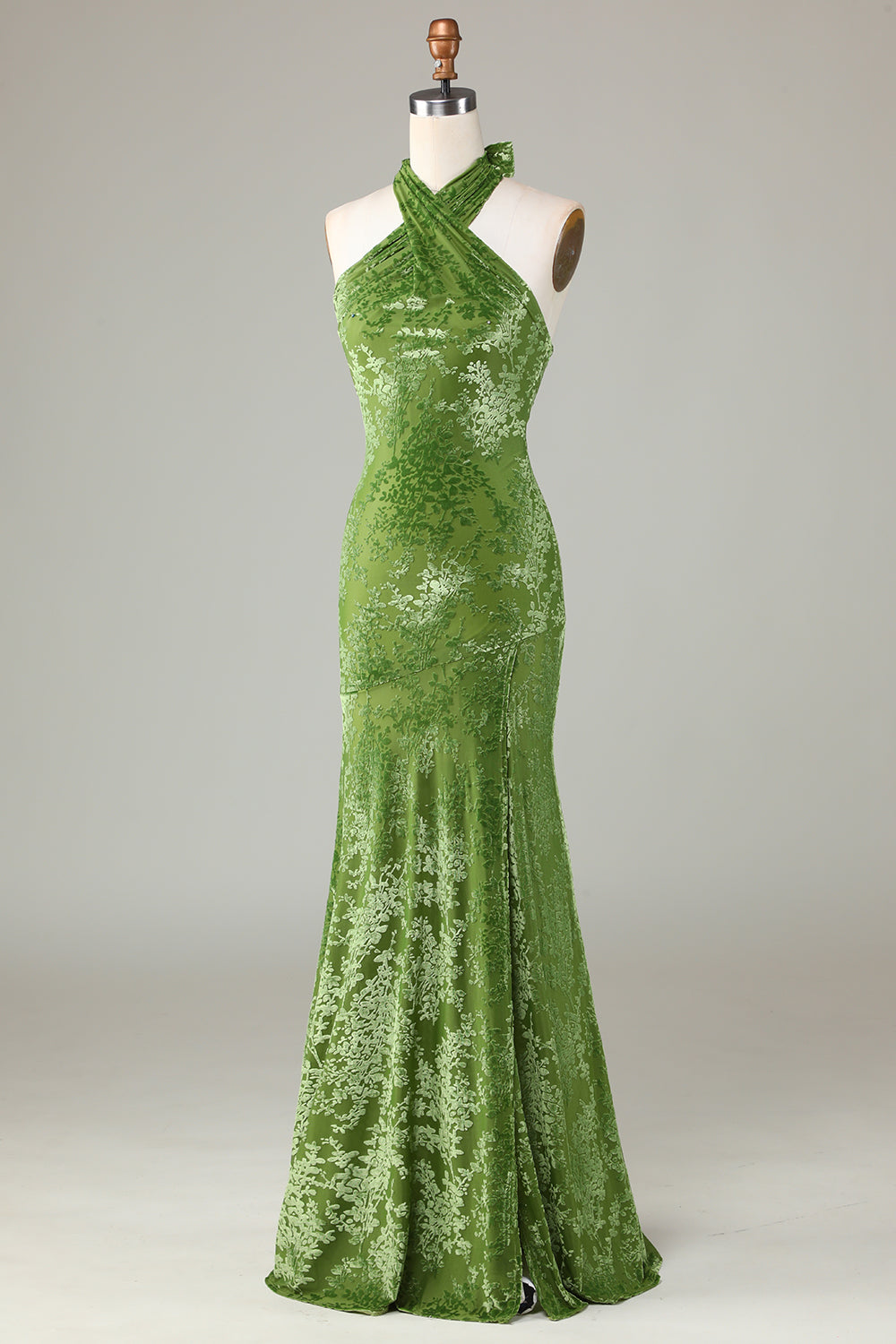 Velvet Halter Olive Holiday Party Dress