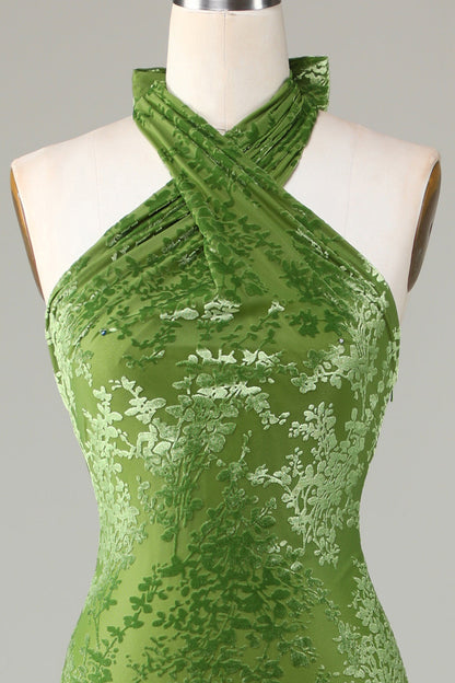 Velvet Halter Olive Holiday Party Dress