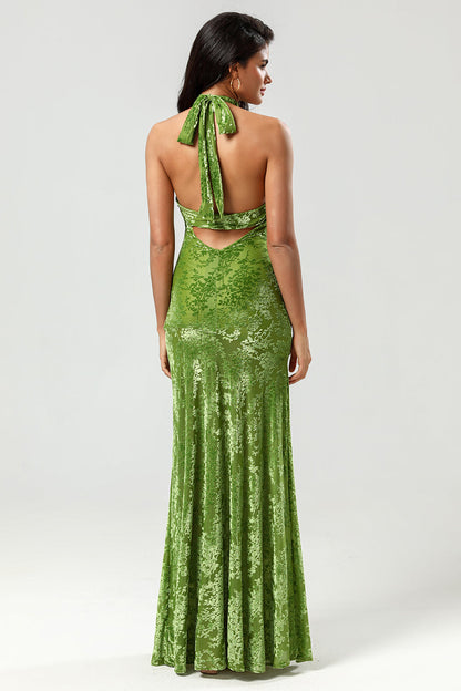 Velvet Halter Olive Holiday Party Dress