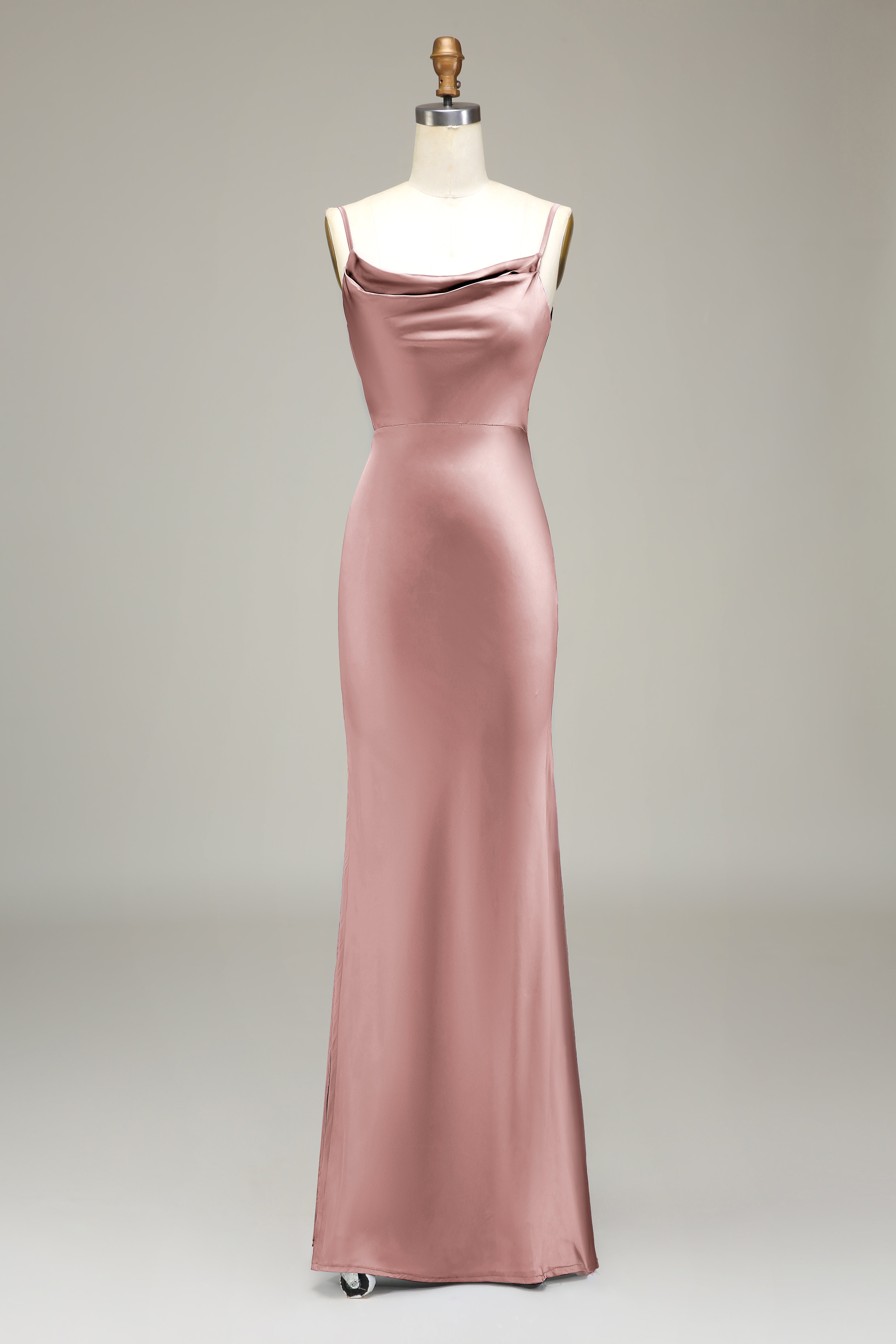 Olive Satin Sheath Spaghetti Straps Long Bridesmaid Dress