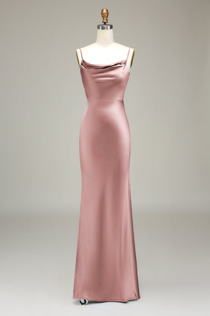 Olive Satin Sheath Spaghetti Straps Long Bridesmaid Dress