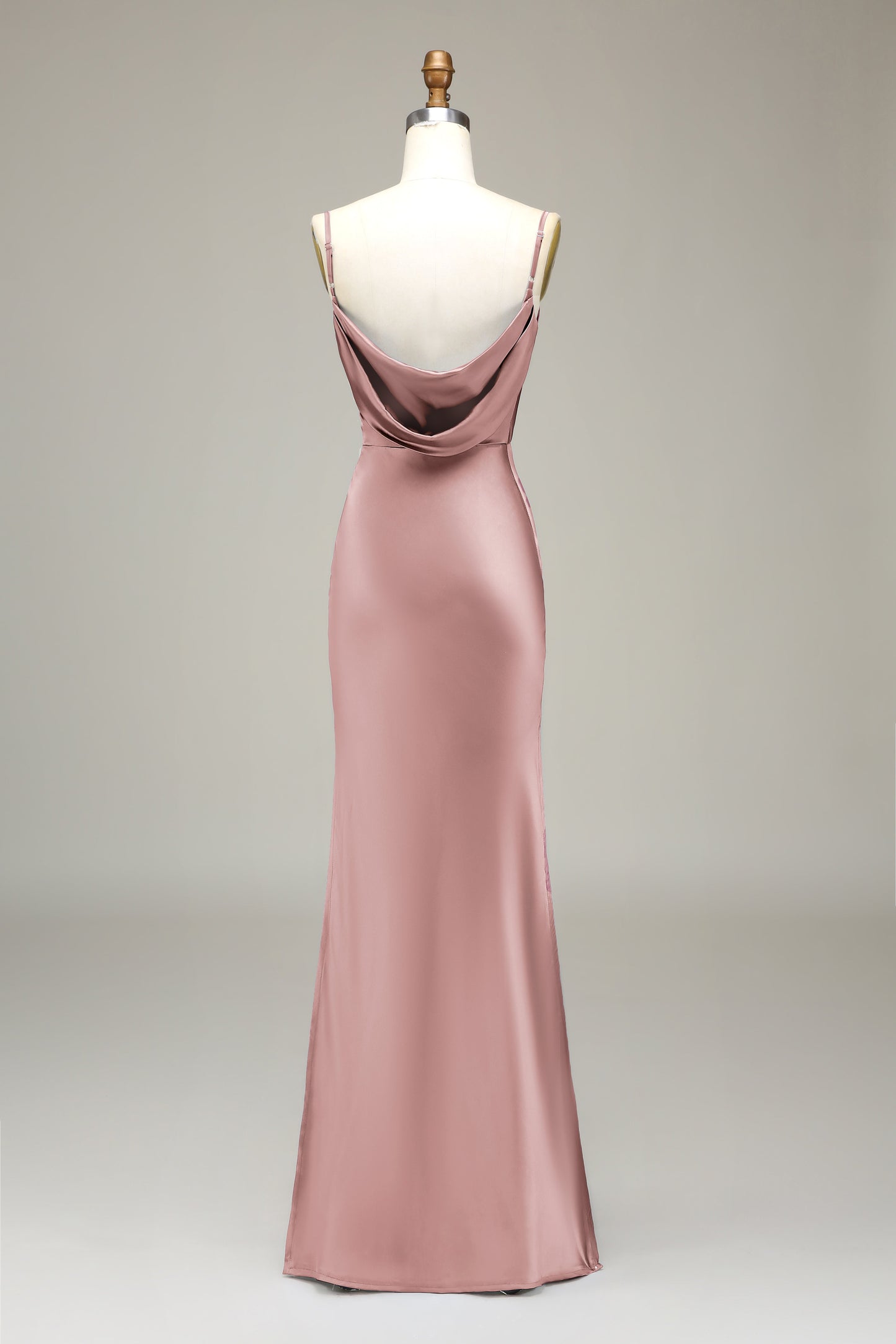 Olive Satin Sheath Spaghetti Straps Long Bridesmaid Dress