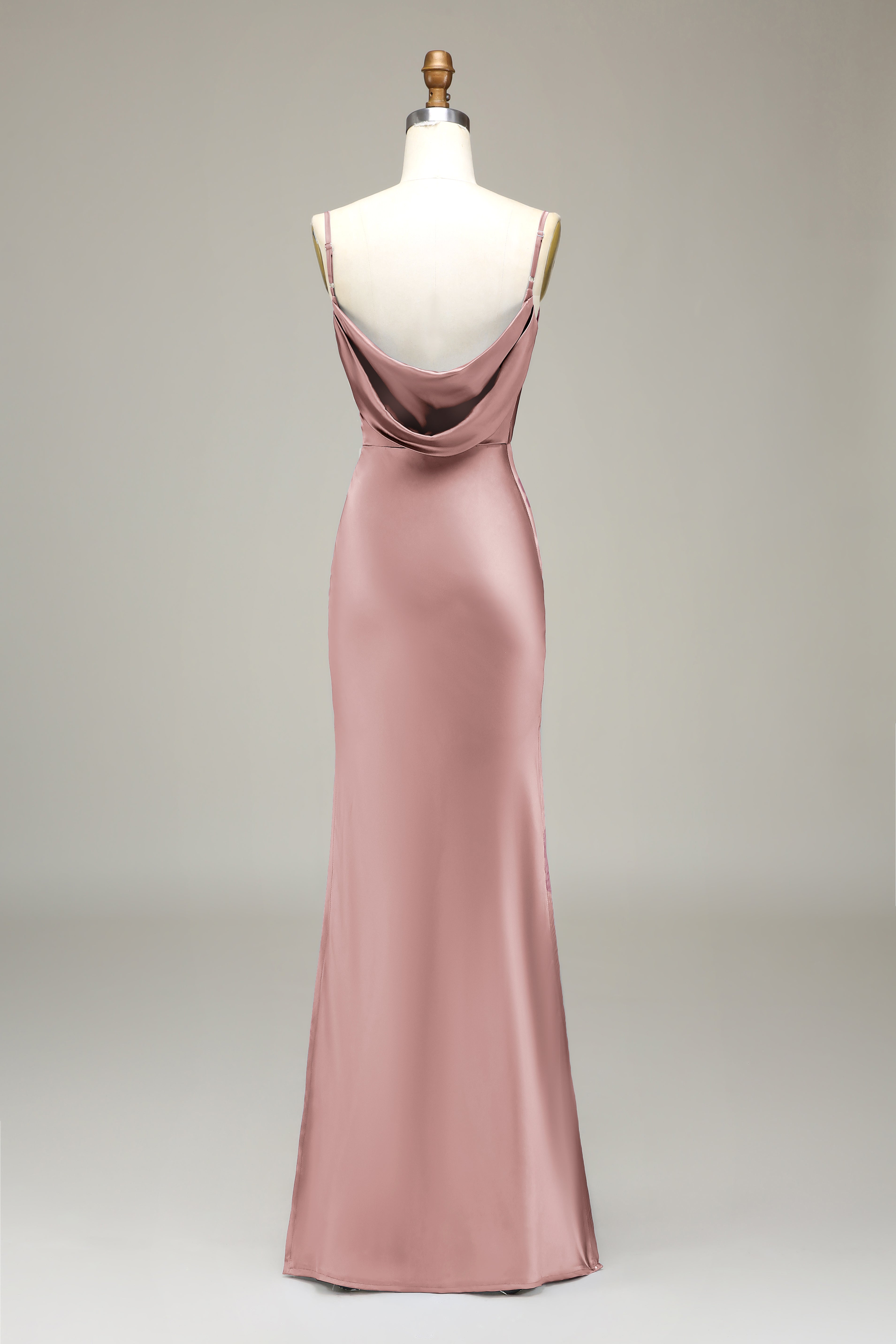 Olive Satin Sheath Spaghetti Straps Long Bridesmaid Dress