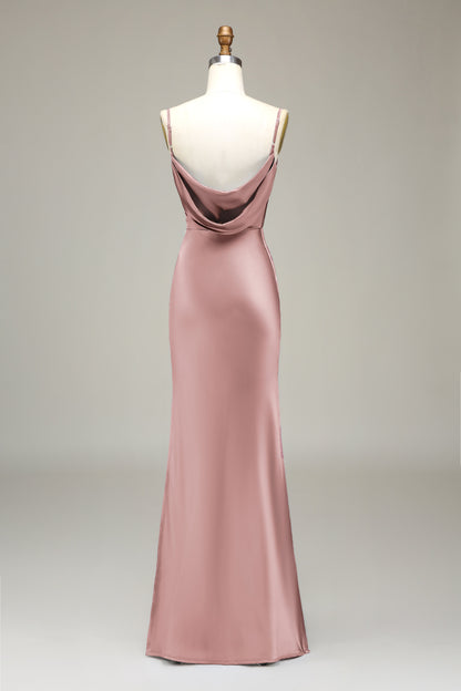 Olive Satin Sheath Spaghetti Straps Long Bridesmaid Dress
