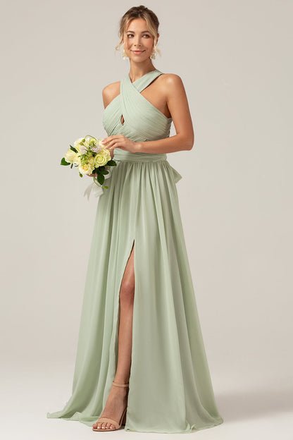 Dusty Sage Boho Chiffon Long Bridesmaid Dress with Button Back