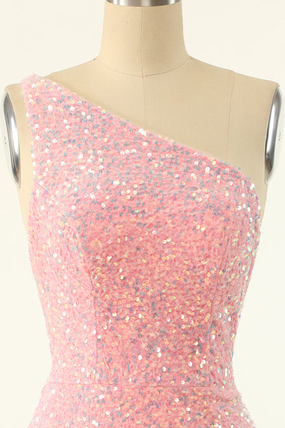 One Shoulder Pink Sequin Bodycon Mini Dress