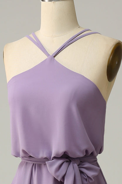A Line Halter Grey Purple Long Bridemaid Dress with Bowknot