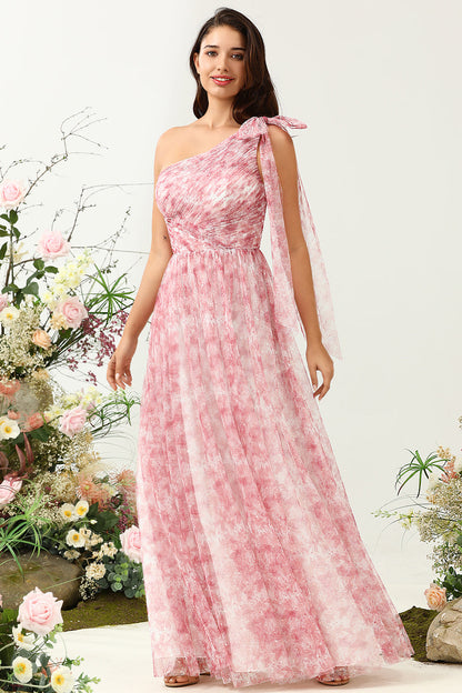Red A Line One Shoulder Print Tulle Bridesmaid Dress with Ruched