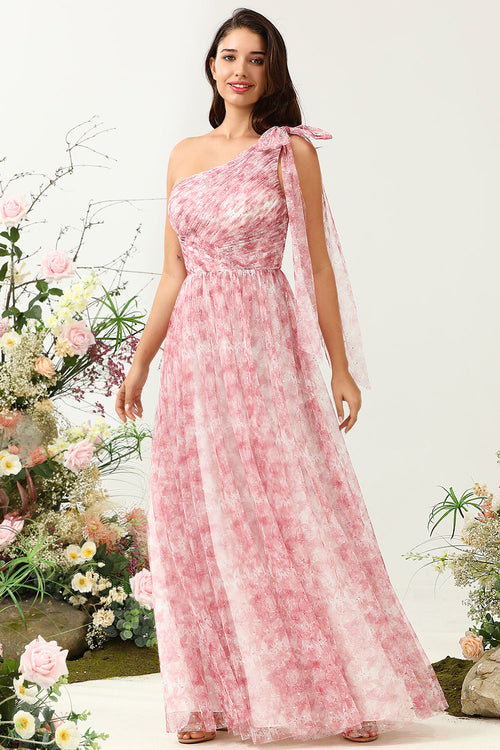 Red A Line One Shoulder Print Tulle Bridesmaid Dress with Ruched