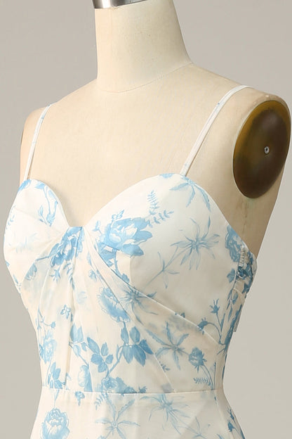 Spaghetti Straps Blue Floral Long Bridesmaid Dress
